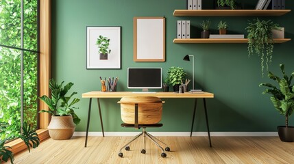 A green room with a desk and chair, a computer monitor, and a potted plant