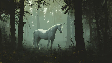 Magical unicorn in a misty forest. Unicorn in the Woods. Illustration