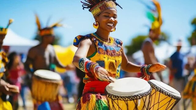 African woman playing traditional music on djembe drums at festival