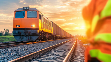 Naklejka premium Freight Train Traveling Through Rural Landscape at Sunset