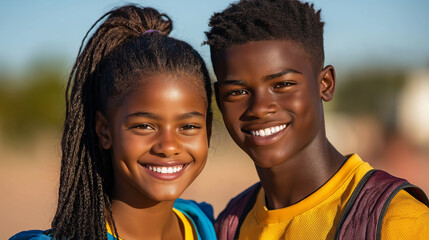 A broad image of two African American teens, a boy and a girl, smiling widely while wearing athletic outfits. They each carry sports bags, standing proudly as they prepare for a sp