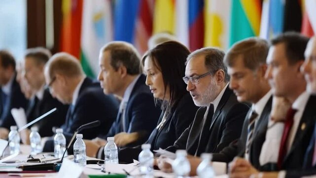 Politicians having discussion during summit at table with flags