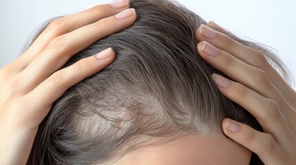 Fototapeta premium Woman examining her thinning hair, with her hands placed on her scalp, exposing areas with reduced hair density, shown on a white backdrop, representing hair loss concerns.