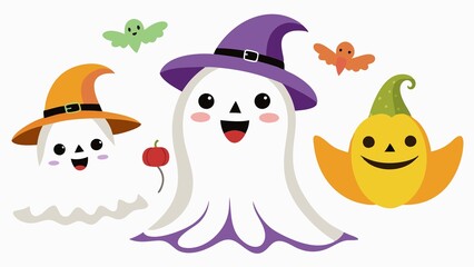Obraz premium little ghosts in white and in a hat flying in a group, with colored patches, on a white background, applications for Halloween, Christmas, etc