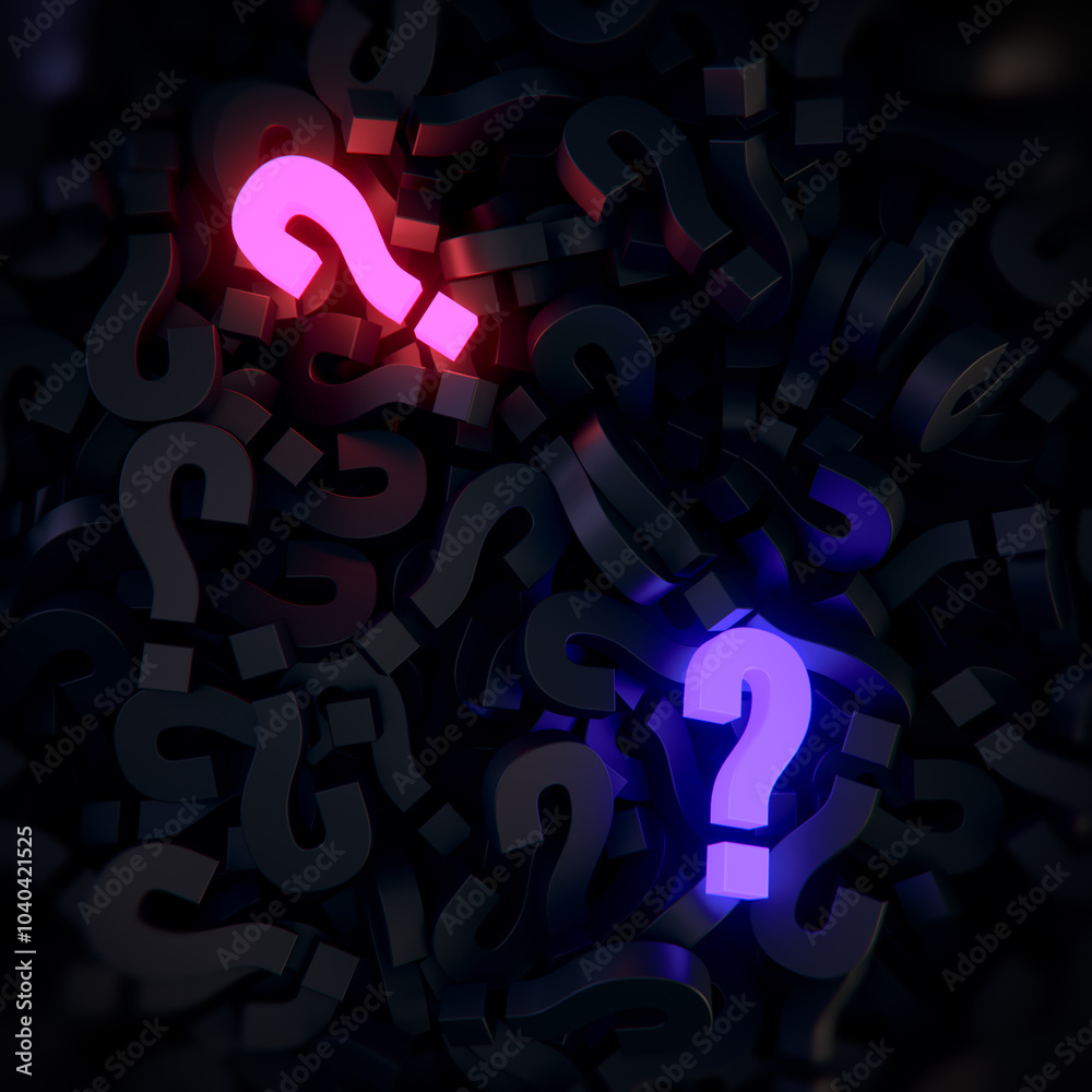 Fototapete Digital illustration of randomly placed three-dimensional question marks in dark colors and two brightly glowing question marks in neon pink and purple. 3d rendering