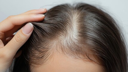 Fototapeta premium Woman fingers combing through her hair, showing noticeable thinning on top, with sparse patches and a white background, symbolizing the challenge of female hair loss.