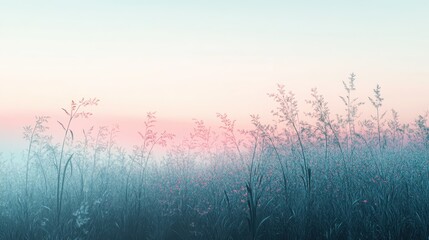 Blossoming grass with a gentle breeze against a misty sky in the morning. This image is calm and serene, with a straightforward zen tone. nature in pastel tones in spring. Generative AI