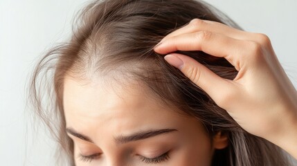 Fototapeta premium Woman fingers combing through her hair, showing noticeable thinning on top, with sparse patches and a white background, symbolizing the challenge of female hair loss.