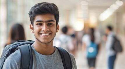 Young Indian student with a backpack smiling while standing in a busy university hallway, with classmates in the background out of focus, highlighting a dynamic academic setting.