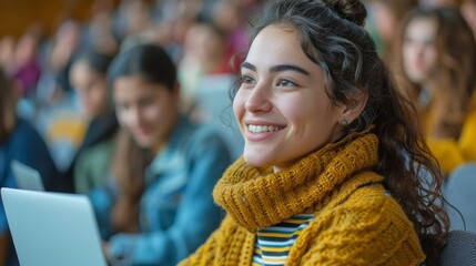 Fototapeta premium Happy female student focused on her laptop in a university lecture, demonstrating intelligence and dedication to learning