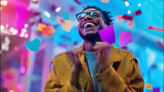 Young Man Celebrating Cyber Monday with Colorful Confetti - Powered by Adobe