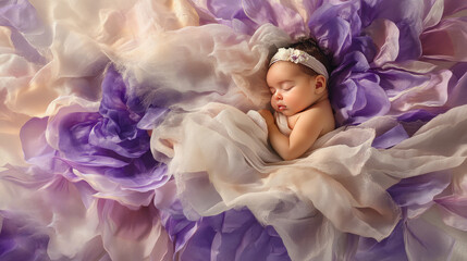 Baby sleeping carefree on flower petals - purple background - World Prematurity Day concept