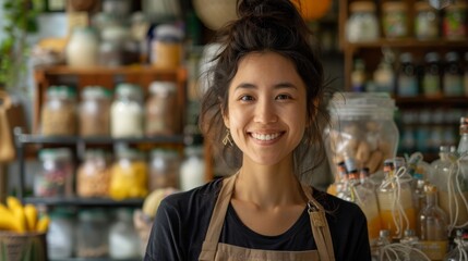 Entrepreneurial Asian woman discussing eco-friendly packaging solutions with customers, showcasing plastic-free options in her retail shop