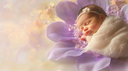 A baby on the petals of a purple flower -World Prematurity Day concept