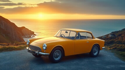 Yellow Classic Car Parked on a Cliffside Overlooking the Ocean at Sunset