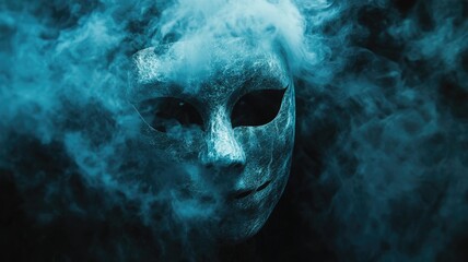 Mysterious masked face surrounded by thick blue smoke