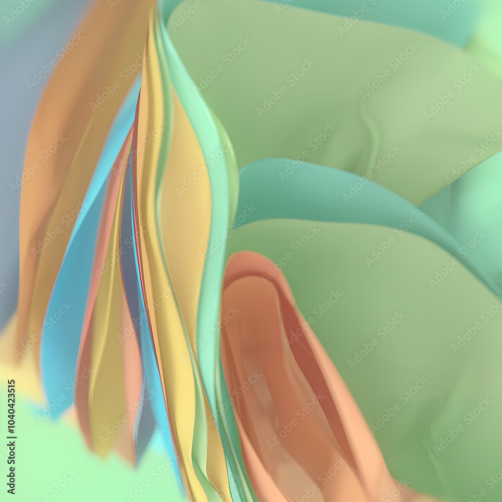 Leinwandbilder Whimsical wavy background with flying colorful fabric stripes and depth of field effect. 3d rendering digital illustration