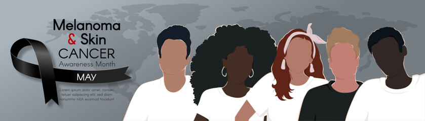 Melanoma and Skin Cancer Awareness Month. Long horizontal banner with black ribbon, space for text and diverse people. Vector flat illustration.