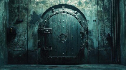 Heavy, aged metal door with circular design, set in grungy, distressed wall, evoking mysterious and eerie atmosphere