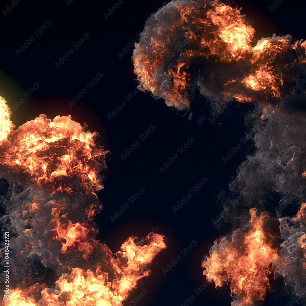 Poster digital illustration of fire explosions with bright flames filling a dark background. 3d rendering