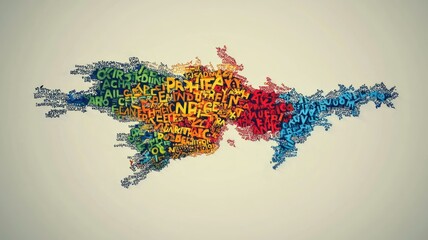Colorful typography world map with country names forming continents on light background