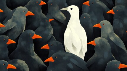 Standing out from the crowd , white bird standing between man gray birds, Generative AI illustration