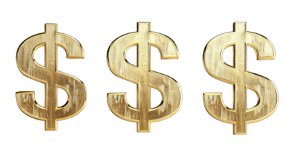 Set of Three Gold Dollar Symbols Isolated on a Transparent Background Generative AI
