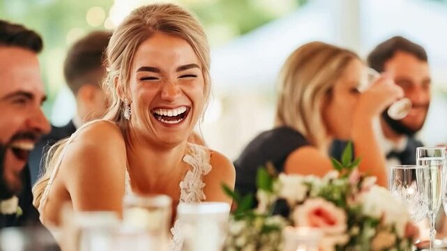Bride laughing during wedding reception speeches with guests