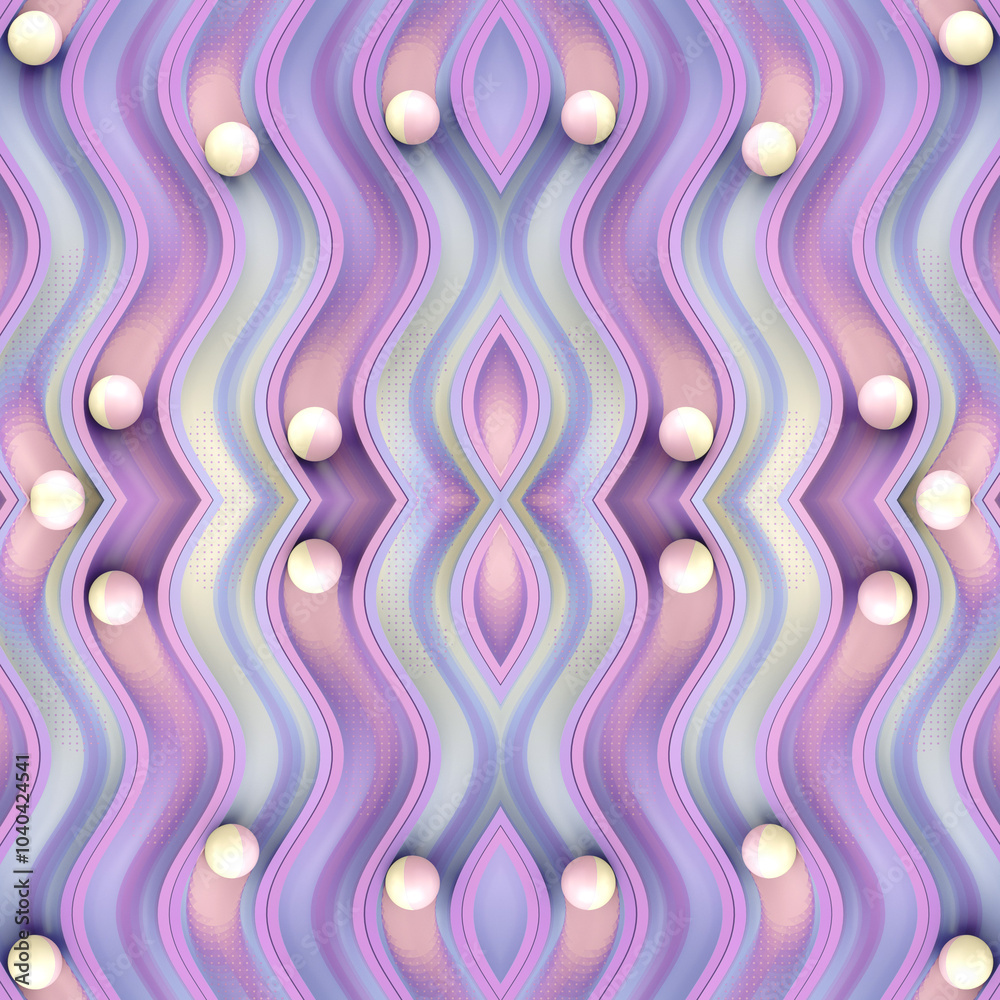 Fototapete Digital illustration with colored balls lying in sinuous grooves with trendy neon gradient. Symmetrical composition. 3d rendering
