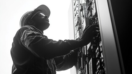 Fototapeta premium Electrician Working on Electrical Panel Installation
