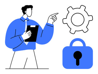 Businessperson pointing towards gear and lock symbol. Ideal for business operations, security, settings, professionalism, and data protection. Modern flat design with bold blue and white colors