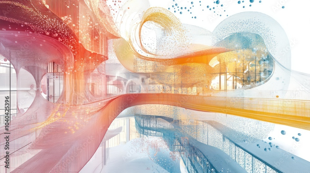 Poster Abstract Architectural Design with  Colorful Curved Lines and Scattered Particles