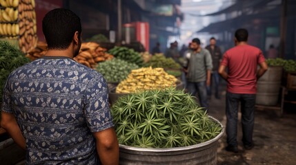 A man walks through a crowded market, with various fruits and vegetables on display in the background.