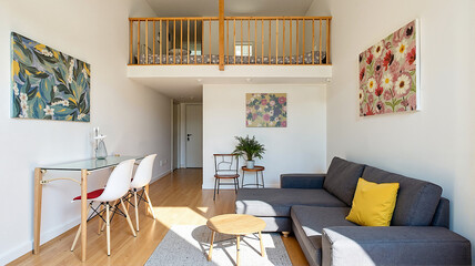 Stylish Living Room with Loft and Colorful Wall Art in a Bright Interior