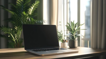 A sleek laptop rests on a wooden desk, accompanied by potted plants in a sunlit room, creating a calming workspace atmosphere. Generative AI