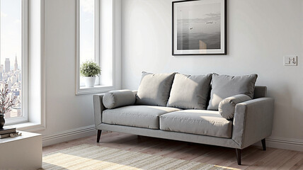 Modern Grey Sofa with Decorative Pillows in a Bright Room Overlooking the City