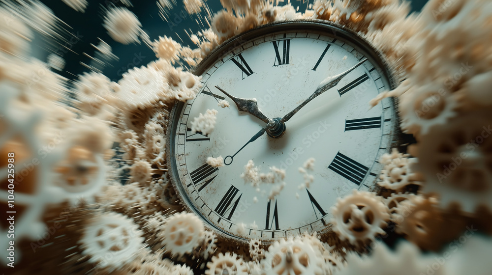 Leinwandbilder vintage clock exploding with gears and fragments flying through the air, symbolizing the passage of 