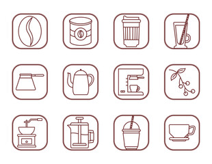 Vector image of coffee icon set in lines with white background