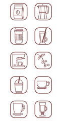 Vector image of coffee icon set in lines with white background