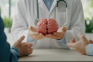 Doctor presenting a human brain to patients in a clinical setting.