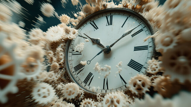 Vintage clock exploding with gears and fragments flying through the air, symbolizing the passage of time