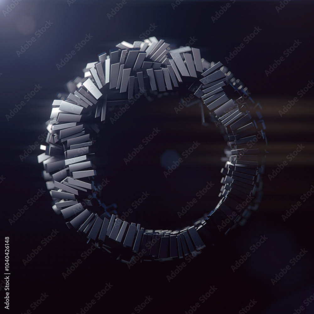 Fototapete Digital illustration of interaction of shiny metallic rectangular elements on dark background, assembled in a ring shape by a force field. Futuristic composition. 3d rendering