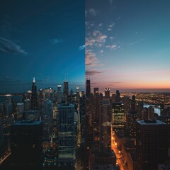 Fototapeta premium Stunning urban skyline a captivating blend of day and night over the cityscape