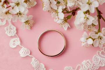 Elegant gold ring surrounded by delicate blossoms on a soft pink background, perfect for weddings or celebrations.