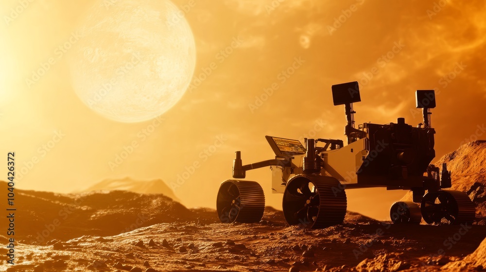 Poster autonomous robotic exploration of mars, martian landscape with exploration rovers and mission contro