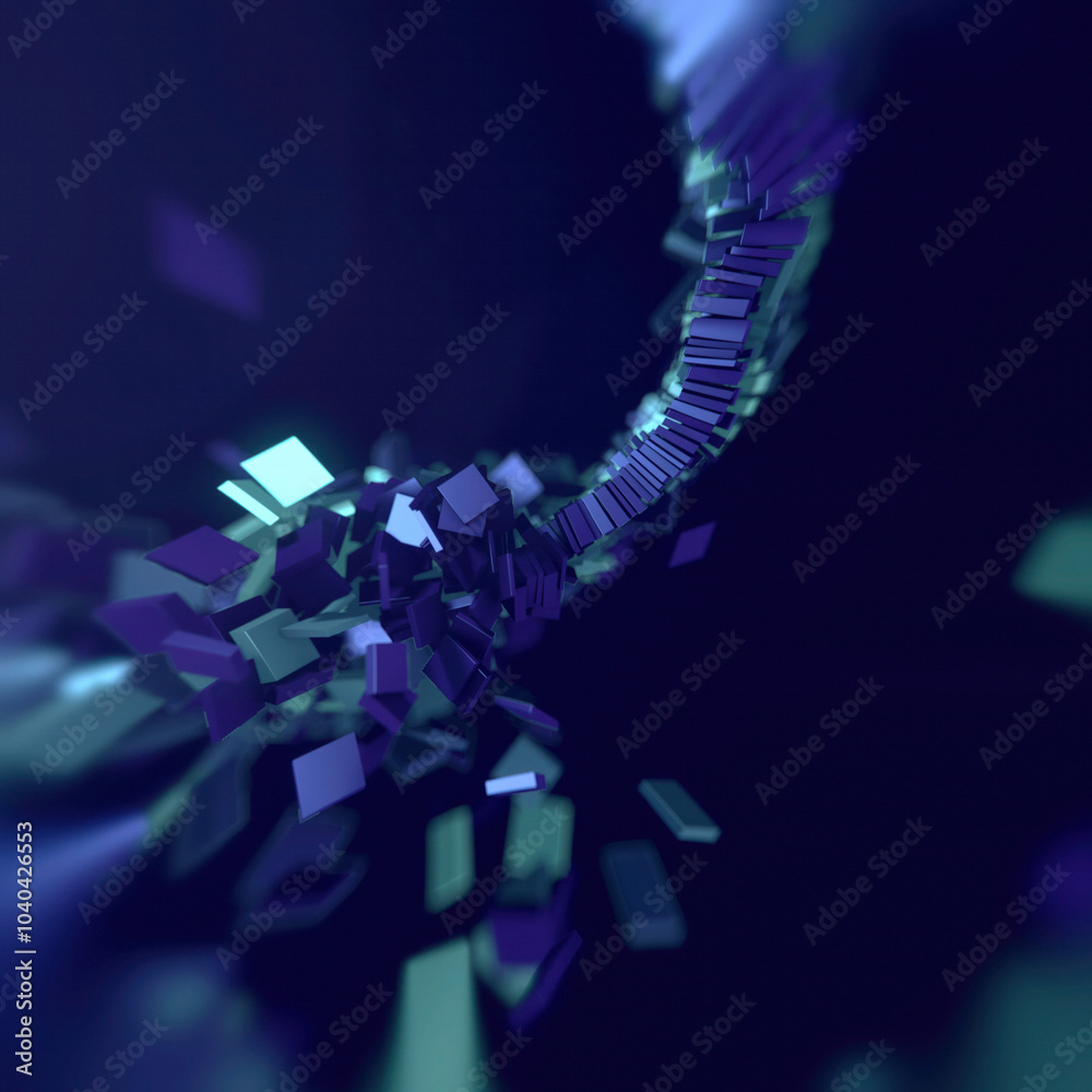 Aufkleber composition of many blue and purple metallic rectangles gradually forming a ring of chaos. 3d render