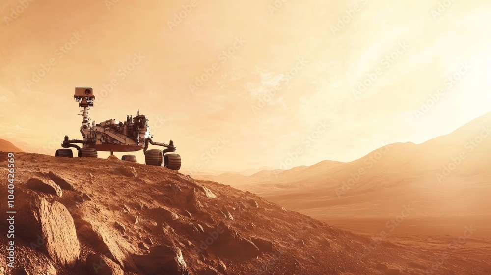 Poster autonomous robotic exploration of mars, martian landscape with exploration rovers and mission contro