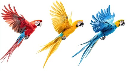 Obraz premium Collection of three birds, flying macaw parrots set (red, blue and blue-and-yellow) isolated on white background as transparent PNG, generative AI animal