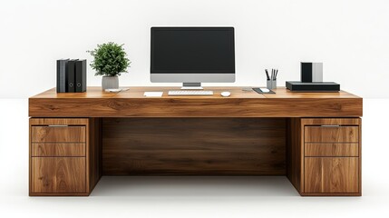 Modern Office Desk with Computer and Green Plant