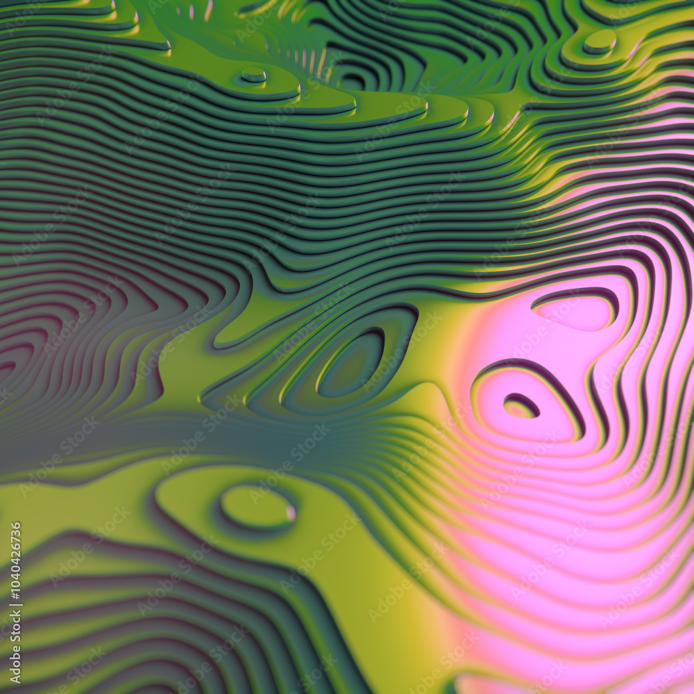 Poster Abstract digital illustration of colorful pattern with neon reflections of intricate wavy shiny lines. 3d rendering